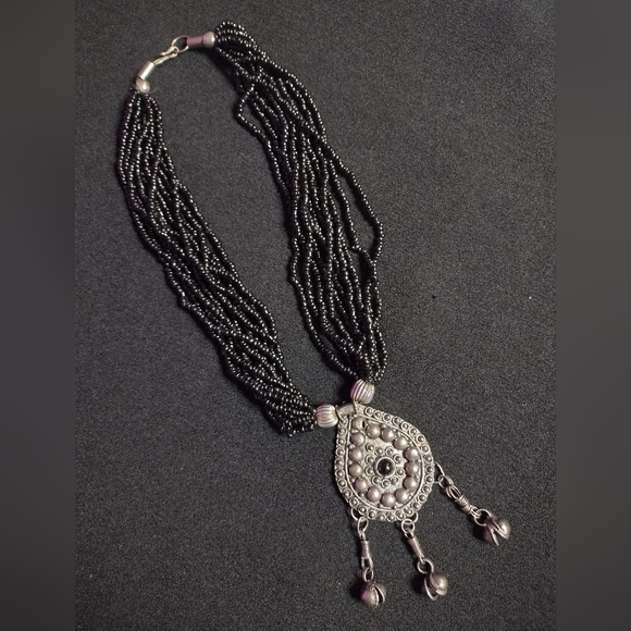 Black Beaded Necklace with Silver Pendant - Picture 2 of 9